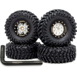 HOBBYSOUL Brass RC 1.0 Wheels and Tires 64mm Tall, 1.0 All Terrain Tires Tyres & 1.0 beadlock Wheels Adjustable Offsets Rims for RC Crawler 1/18 TRX4M 1/24 SCX24 Upgrades