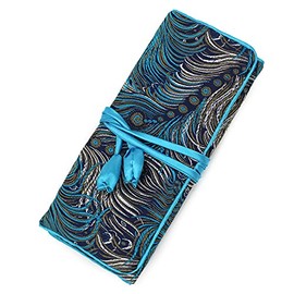 WEI LONG@Jewelry Roll, Travel Jewelry Roll Bag,Silk Embroidery Brocade Jewelry Organizer Case with Tie Close, (Peacock,Blue)