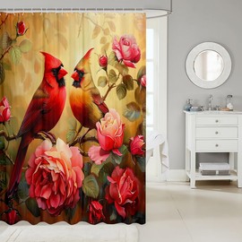Erosebridal Cardinal Shower Curtain Set Red Rose Fabric Shower Curtain 72" Wx72 L,Romantic Flowers Bath Curtain Wild Animal Bird Waterproof Wall Art Bathroom Decor