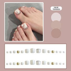 24Pcs False Toenails Short - French Acrylic Pearl White Diamond Press on Toenails Stylish Glossy Fake Toe Nails with Glue - Full Cover Stick on Toenails for Women and Girls Nail Manicure