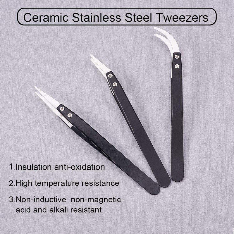 WANDIC Tweezers Set, 3 Pieces Ceramic Tweezers, Anti Static Tweezers