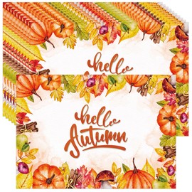 Lucleag 50 PCS Hello Fall Paper Place Mats, Disposable Autumn Maple Leaves Placemats Table Mats for Autumn Fall Harvest Thanksgiving Dinner Table Decorations Party Supplies, 13.8 x 9.8 in