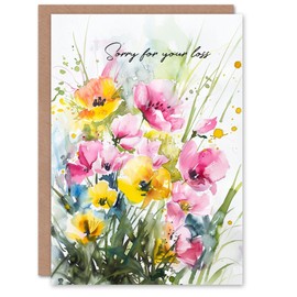 Artery8 Sympathy Card Sorry For Your Loss Watercolour Flowers For Her Gran Sister Niece Daughter Wife Woman Greeting Card