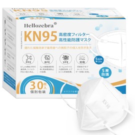 Hellozebra KN95 Mask, High Filter, 30 Pieces Individually Wrapped, 3D Type, Easy Breathing, Less Ear Pain, Soft Touch, for Pollen, PM2.5, Virus, Droplet Protection, Work and Daily Use