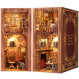 Fsolis DIY Book Nook Kit, Dollhouse Miniature House Kit with Wooden Furniture and LED Light, Bookcase Insert Kits, House of Library (Eternal Bookstore)