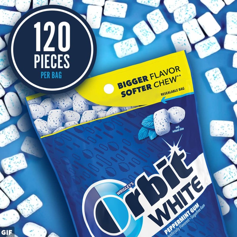 ORBIT WHITE Peppermint Gum - Sugar-Free Chewing Gum, Resealable Bag