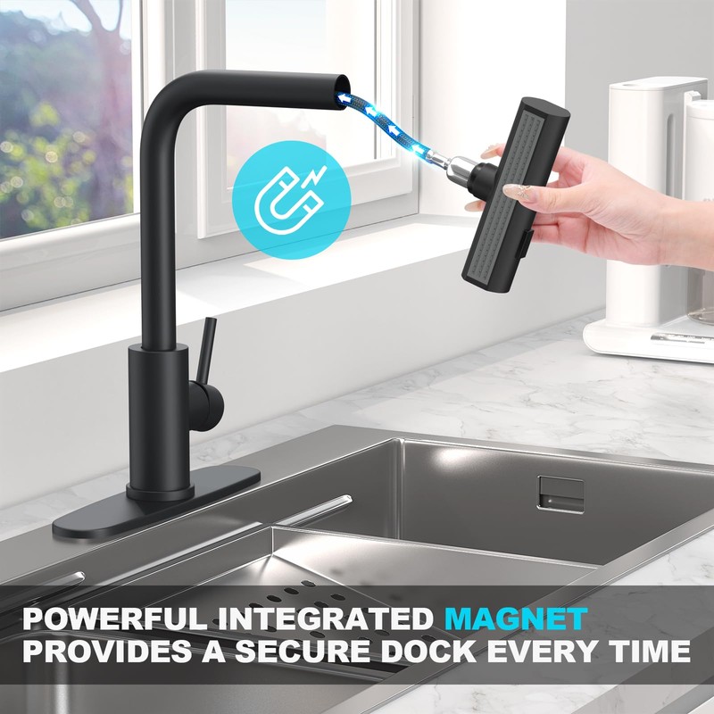 AVSIILE Matte Black Waterfall Kitchen Faucets with Pull Down Sprayer,