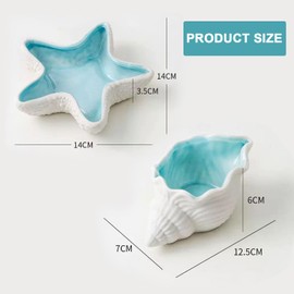2 Pack Ceramic Jewelry Tray Starfish Conch Shape Aqua Shell Trinket Plate Ceramic Conch Shell Decorative Jewelry Dish Tray Earring Rings Bracelet Holder for Dresser, Entryway, Bedroom Decor