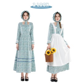 NSPSTT Prairie Dress Women Colonial Dress Pioneer Woman Costume Plus Size Amish Costume, Blue S