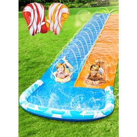 JOYIN tobogán de Agua de 32.5 pies y 2 Tablas inflables, Extra Largo Doble césped resbalón Resistente Splash Mat Pad con aspersor para niños Adultos  