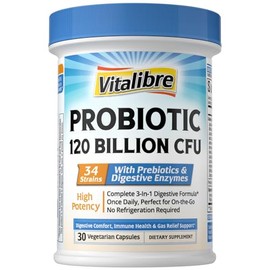 Vitalibre Probióticos para mujeres y hombres, 120 mil millones de UFC, 34 cepas, con enzimas digestivas y prebióticos, sin gluten, para la salud...   