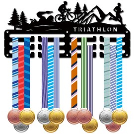CREATCABIN Triathlon Medal Holder, Medal Hanger, Presentation Stand, Swimming, Cycling, Running, Metal Hanging, Awards, Iron, Small Holder for Racing, Swimming, Black, 29 x 13 cm