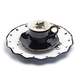 Potter's Studio Flying Witch Black Gold Tea Cup and Saucer + Witches Brew Serving Platter Set