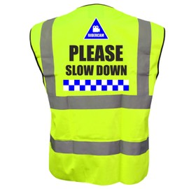 RIDERCAM PLEASE SLOW DOWN Hi Viz Vis Vest Cycle Bike Reflective Waistcoat Jacket Safety Road Safety Visibility Large