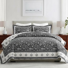 CozyStitch 100% Cotton Queen Quilt 90"x98", Lightweight Queen Size Bedding Set with 2 Pillowshams, Vine Farmhouse Quilted Bedspread, Reversible Comforter Sets for All Seasons, Charcoal/Beige/Brown