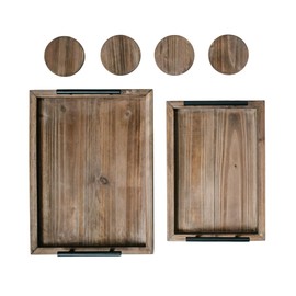 Decorative Ottoman Serving Tray Wooden Rustic (Set of 2), Brown | Black Sleek Metal Handles | 4 Matching Coasters | Coffee Table Decor | Serving Kitchen Platter | for All Occasions