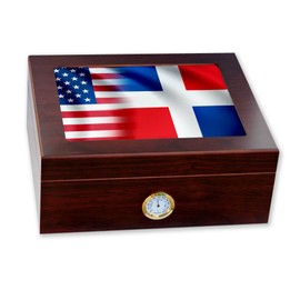 Premium Desktop Humidor - Glass Top - Flag of Dominican Republic - Waves with USA Flag - Cedar lined with humidifier & front mounted hygrometer.
