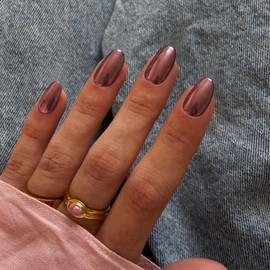 Rose Red Chrome Press on Nails Short Almond Press ons Metallic Glue on Acrylic Fake Nails for Women, Thick Shinny Glazed False Nails Glue on Nail Short Oval for Party 24Pcs