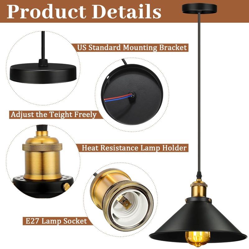 Retisee 6 Pieces Industrial Pendant Lights E26 E27 Base Black