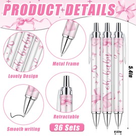 EYNDYN 145 Pieces Pink Bow Baby Shower Gifts for Guest Ballpoint Pens and Keychains Favors Bulk Retractable Baby Shower Pens Gender Reveal Thank You Cards Souvenirs Prizes