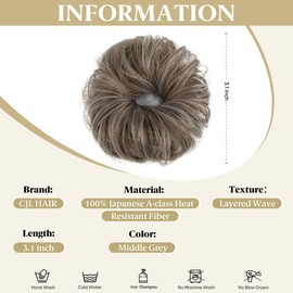 CJL HAIR 2PCs Small Cute Messy Bun Hair Piece for Thin Hair Women Girl Mini Synthetic Curly Bun Scrunchies Updo Hairpieces for Kids Middle Grey