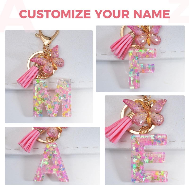 Fmeida Initial Letter Keyring for Women Cute Pink Tassel &