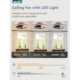 LEDIARY Low Profile Ceiling Fans with Lights, Flush Mount Modern Ceiling Fan and Remote Control, 19.7" LED Bladeless Ceiling Fans, Stepless Dimmable 3 Colors and 6 Speeds - Walnut