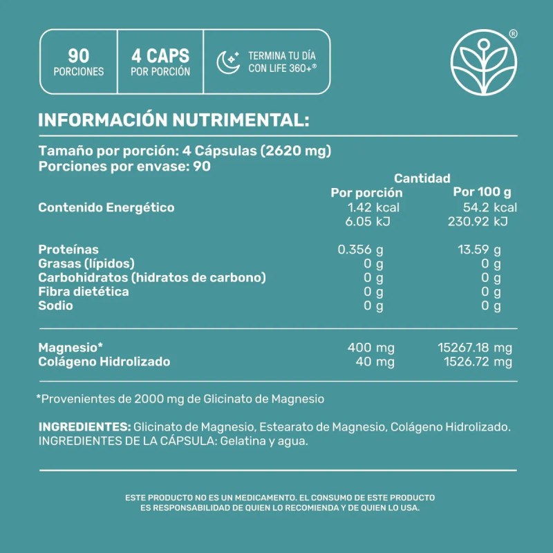 Glicinato De Magnesio Life 360 360 Cpsulas 655 Mg Porcin