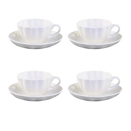 Gracie China by Coastline Imports White Ribbed Set of 4 Teacup And Saucer, 7-Ounce