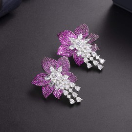 PHENIOTACE Women's Large Drop Earrings for Wedding Bridal Prom Party Fine Jewelry with Red and Clear Cubic Zirconia, Flower Shaped, 1.23“, Platinum plating