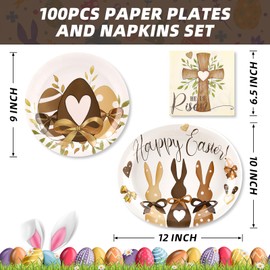 100PCS Easter Paper Plates and Napkins Set- (25 Guests) with 10 * 12 Inch Oval Plates and 9Inch Paper Plates, 6.5Inch Napkins for Easter Party Supplies