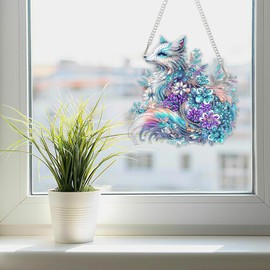 SENQAO Fox Hanging Diamond Art Painting Kits for Adults Beginners, 5D Special Shape Diamond Art Kits, Fox Flower Crystal Rhinestones Diamond Gem Art Painting for Home Garden Wall Decor