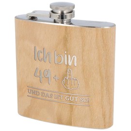 Spruchreif Hip Flask | Stainless Steel with Wood Look | Engraving 'Ich bin 49+1 und das ist gut so!' | Outdoor Gift | Funny for Men and Women | 50th Birthday