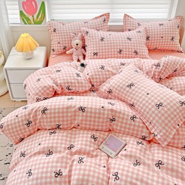 AShanlan Bed Linen 135 x 200 cm Girls Pink Checked Black Hearts Bows Duvet Cover Set 2-Piece Kawaii Style Aesthetic Renforce Microfibre Reversible Bedding Sets and Pillowcase 80 x 80 cm Zip