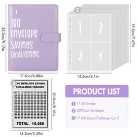 100 Envelopes Money Saving Challenge Binder, A5 Money Saving Binder Budget Planner, 100 Days Savings Book for Money Challenge, Save Binder Budget Binder with Cash Envelopes to Save €5050 Money Saving