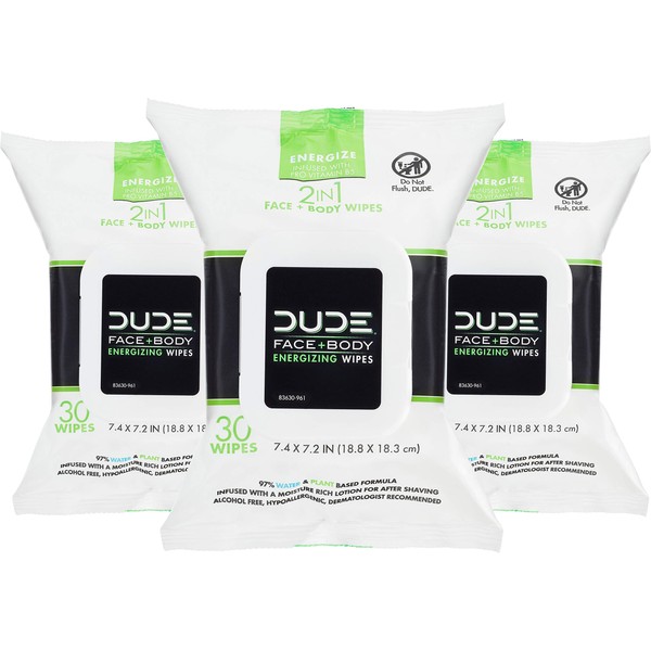 DUDE Wipes - Face and Body Wipes - 3 Pack, 90 Wipes - Infused with Energizing Pro Vitamin B5 - 2-in-1 Face & Body Wipes - Alcohol Free and Hypoallergenic Cleansing Wipes