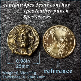 Conchos Screws Chicago Rivets for Leather Craft, Brass Relief Head of Jesus, Stud Back for EZ DIY Denim Decoration, Rapid Nail for Bag, Belt, Boots & Jacket, Gifts for Christian[4pcs]