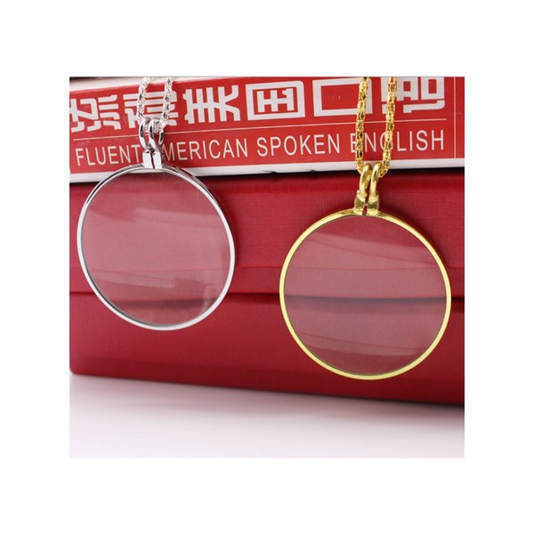 NIEGENNA-2PCS 5X Magnifier Necklace Magnifying Glass Pendant Optical Lens with Chain Jewelry Loupe for The Seniors Elders Aged Reading Increase Vision(Color: Gold+Silver)