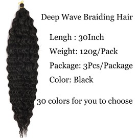 30 inch Ocean Wave Crochet Hair Natural Black Deep Wave Curly Braiding Hair Extensions 3 packs Long Wavy Water Wave Braid For Women Synthetic Crochet Braids(30 inch, Natural Black)