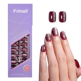 Frinail 150Pcs Dark Red Cat Eye Press on Nails Short Square, Soft Gel Fake Nails, Glossy Glitter Cat Eye Nail Tips for Women and Girls Stick On Nails in 15 Sizes for Mother's Day Gift