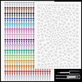 1225 Pcs Rhinestone and Pearl Stickers 3-6mm White Pearls+Colorful Self Adhesive Face Gems, Stick on Body Crystal Jewels with Makeup Glue for Face Eye Hair Nails Make up and Craft Decorations