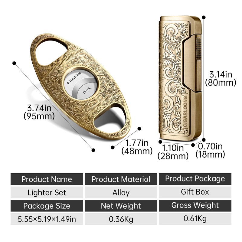 CIGARLOONG Cigar Cutter and Lighter Set Sharpening Blade Engraved Cigar