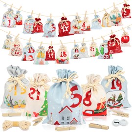 Advent Calendar for Filling Fabric 24 Printed Christmas Calendar Children DIY 2023 Advent Calendar Bags Large Reusable Advent Calendar Bags Fill Yourself (15 x 20 cm / 10 x 15 cm)