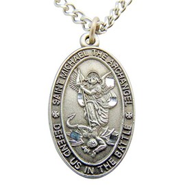 Saint Michael Pewter Medal Oval Pendant 1 Inch on 24 Inch Stainless Steel Chain Gift