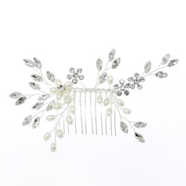 Qiansail Wedding Hair Side Comb Bride Pearl Rhinestone Clips Crystal Silver Headpiece Hair Jewelry Accessories for Women and Girls (Silver)