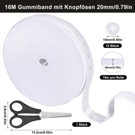 Nadisean 16 m White Elastic Band with Button Eyelets, 20 mm Flat Sewing Band Elastic Band with Buttonhole, Buttonhole Elastic Band, Strong Perforated Elastic with 12 Buttons for Sewing, Knitting,