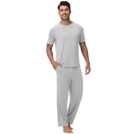 WiWi Men's Pajamas Set Viscose from Bamboo Sleepwear Casual Soft Sleep Sets with Pockets Short Sleeve Loungewear S-XXL, Light Heather Grey, Medium
