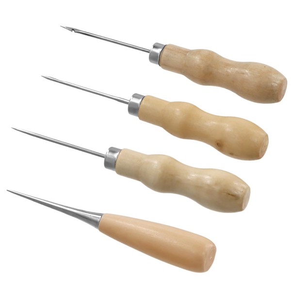Bezavea 4PCS Wooden Awls Gourd Shape Awls Sewing Awl Tailors Awl Punch Awl for Leather Professional Awl Tool for Sewing Crafting Leather Perforating Needle Removal