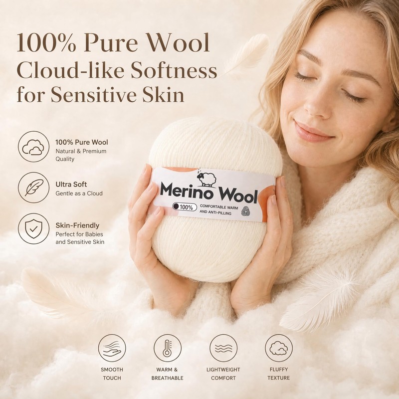 Aeelike Merino Wool Yarn for Knitting and Crochet, 3x100g, Light