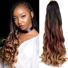 COOKOO 18 Inch 9 Packs French Curl Braiding Hair Pre Stretched Ombre Brown to Blonde Braiding Hair French Curl Crochet Braids Hair French Curls Synthetic Hair Extensions for Women 1B/30/27
